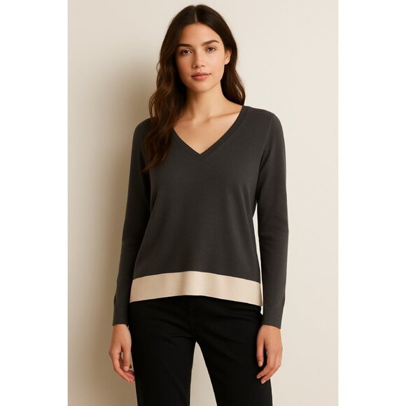 Neiman Marcus Cashmere Collection Sweater XS Brown Colorblock V Neck Long Sleeve - Picture 1 of 11